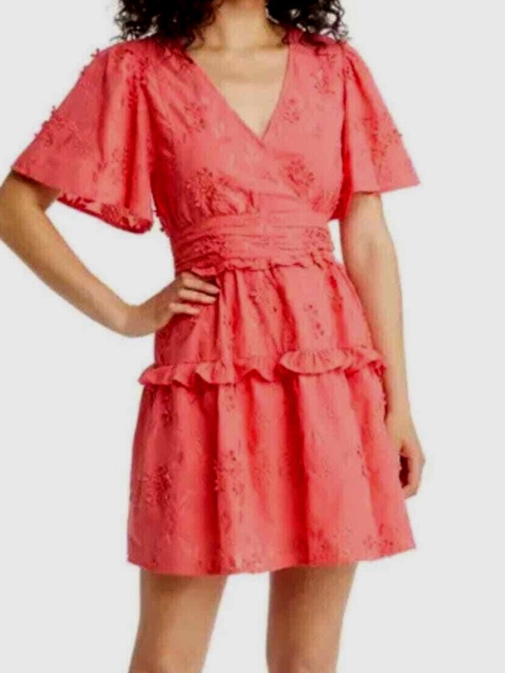 Nordstrom Coral Embroidered V-Neck Dress